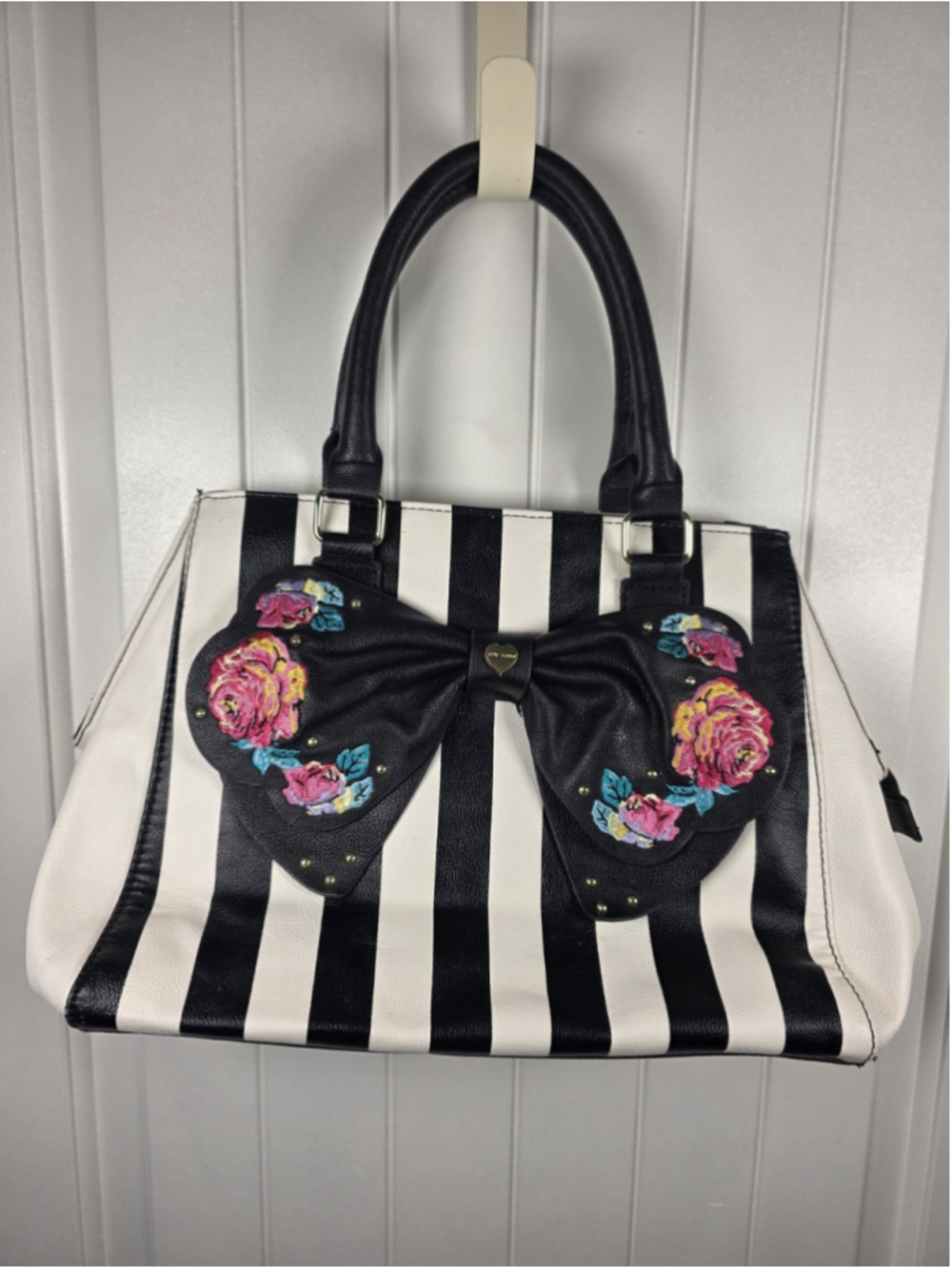 Betsey Johnson Black White Stripe Satchel Floral Embroidered Bow Handbag Medium